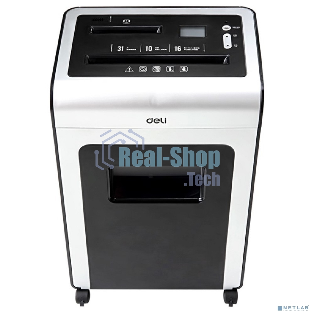 Шредер Deli E9917-EU черный/белый с автоподачей (секр.P-4)/фрагменты/16лист./31лтр./скрепки/скобы/пл.карты/CD