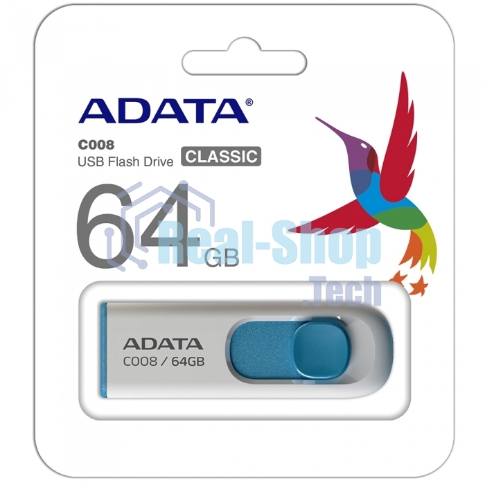 Флешка USB ADATA С008 (AC008-64G-RWE), 64Gb, USB 2.0, R/W 15/5, белый/синий