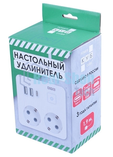 Бытовой удлинитель PowerCube, 2 р с/з вык.,3USB, 3500 Вт, 16А, 1.9 м, 3x1,0 (белый) квадрат