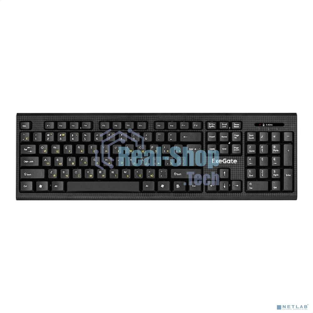 Комплект беспроводной ExeGate Professional Standard Combo MK280 (клавиатура полноразмерная влагозащищенная 104кл. + мышь оптическая 1000dpi, 3 кнопки и колесо прокрутки; USB, радиоканал 2,4 ГГц, радиус действия до 10м, черный, Color Box)