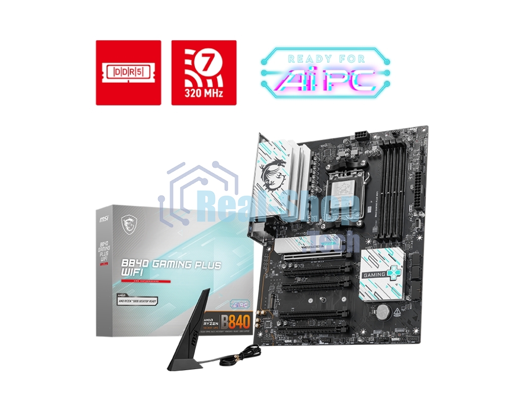 Материнская плата MSI B840 GAMING PLUS, Socket AM5, AMD B840, 4xDDR5, 4xSATA, 2xM.2, 1xPCI-E 4.0 x16, 1xPCI-E 3.0 x4, 3xPCI-E 3.0 x1, 1xHDMI, 1x 2.5Gb LAN, 4xUSB-A 2.0, 2xUSB-A 5Gbps, 1xUSB-C 5Gbps, 1xUSB-A 10Gbps, 1xUSB-C 10Gbps, 3x3.5 мм, 7.1, ATX