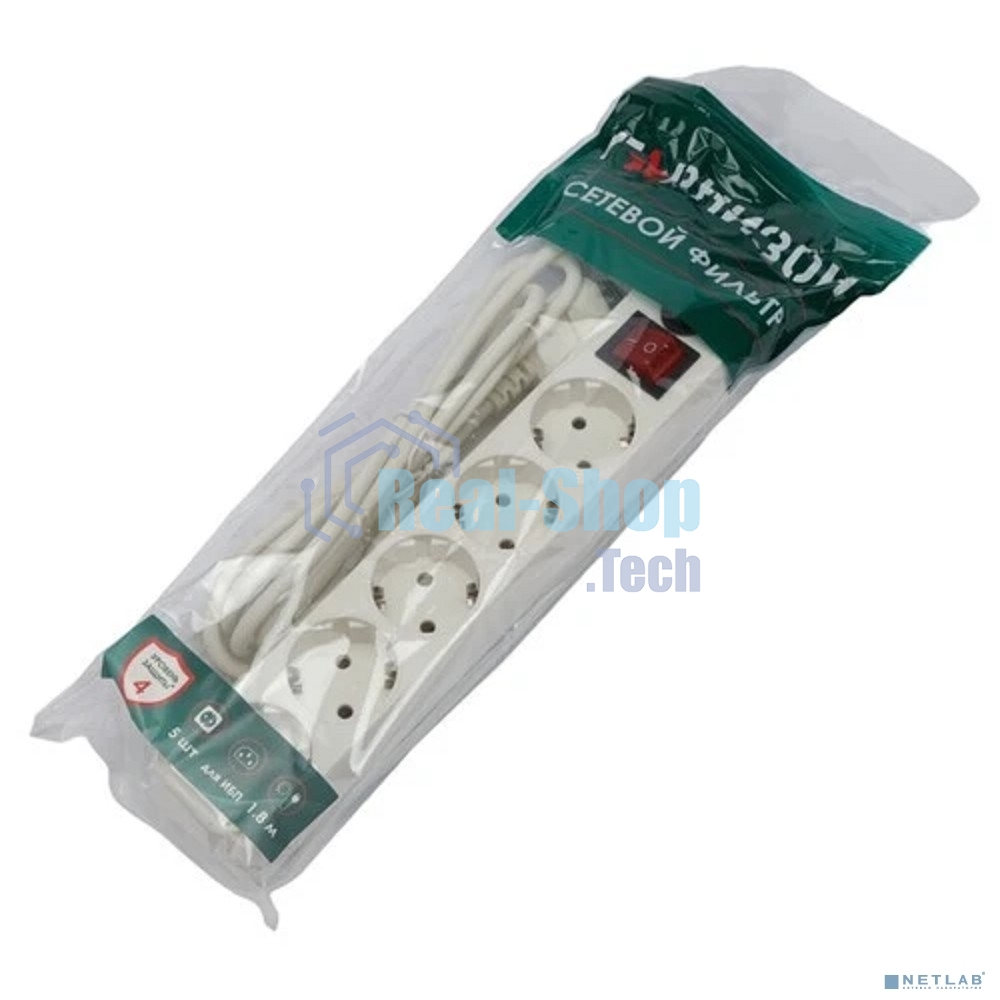 Сетевой фильтр Гарнизон для ИБП, 5 р, 10А, 1.8 м, ур.защиты 4, белый, пакет