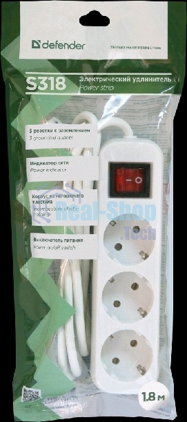 Удлинитель Defender S318 белый 1.8 м, 3 розетки 