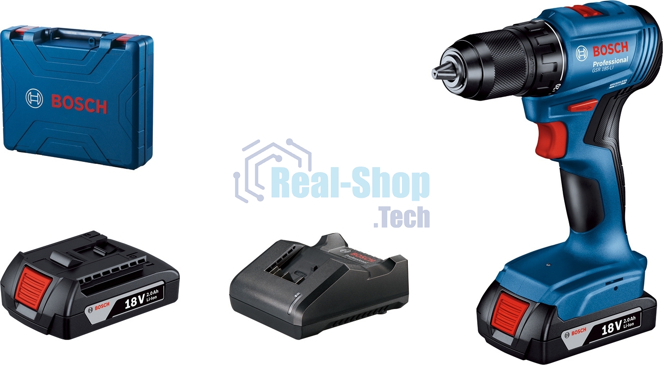 Дрель-шуруповерт аккумуляторная Bosch GSR 185-LI, 18В, 2 АКБ, Кейс