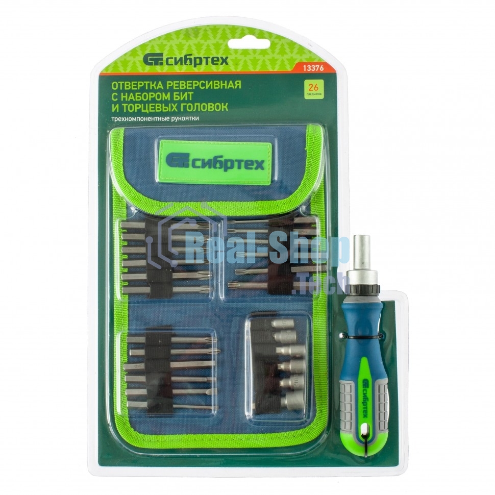 Отвертка реверсивная Сибртех с набором бит и торцевых головок 26шт crv чехол