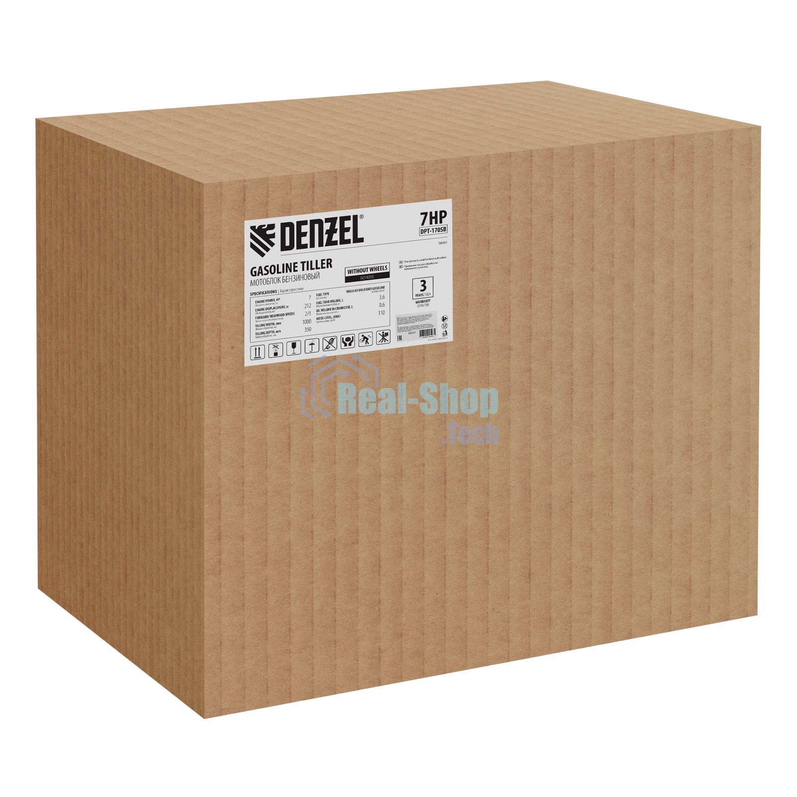 Мотоблок Denzel DPT-170SB, 7 л.с., ремен.сцеп, фрез 3х4, ШОМ, без колес, передачи 2В/1Н
