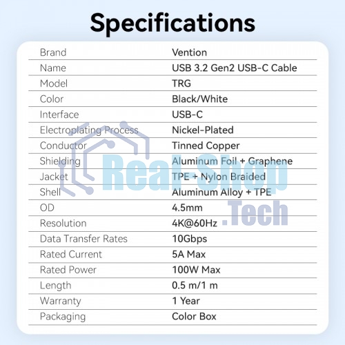 Кабель Vention USB 3.2 Gen2 CM/CM - 1м. черный 5А PD100W, шт.