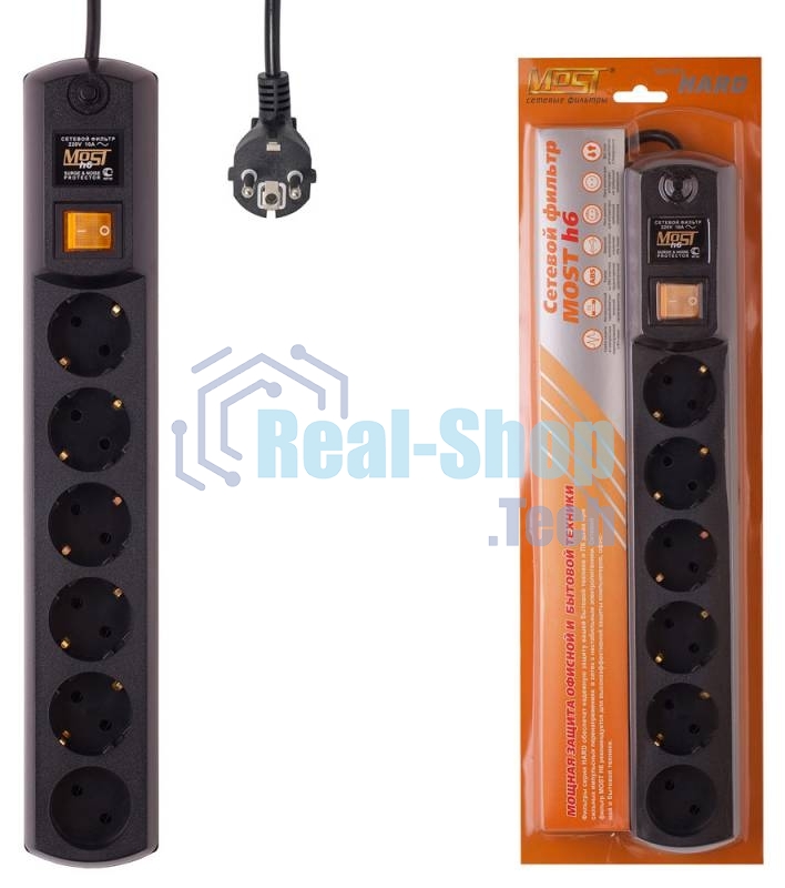 Сетевой фильтр Most H6 5м (6 розеток) черный (коробка)