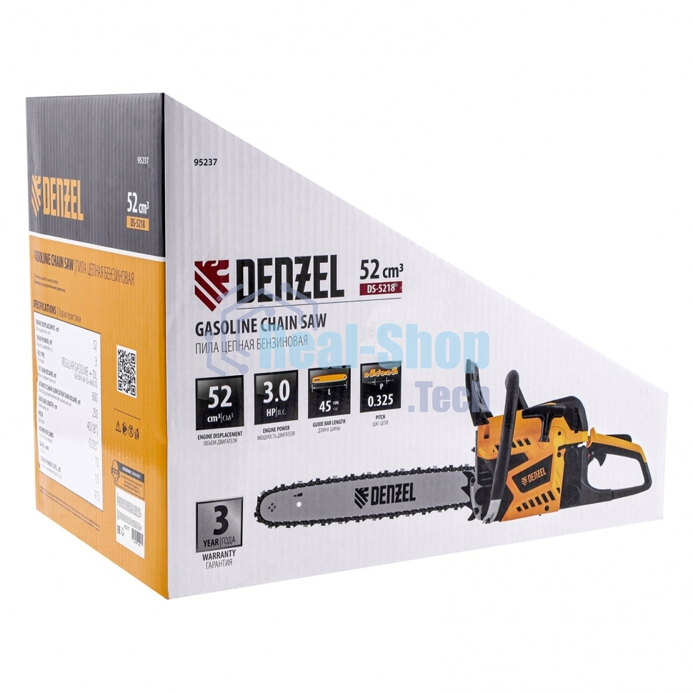Пила цепная бензиновая Denzel DS-5218, шина 45 см, 52см3, 3 л.с., шаг 0,325, паз 1,5 мм, 72 зв