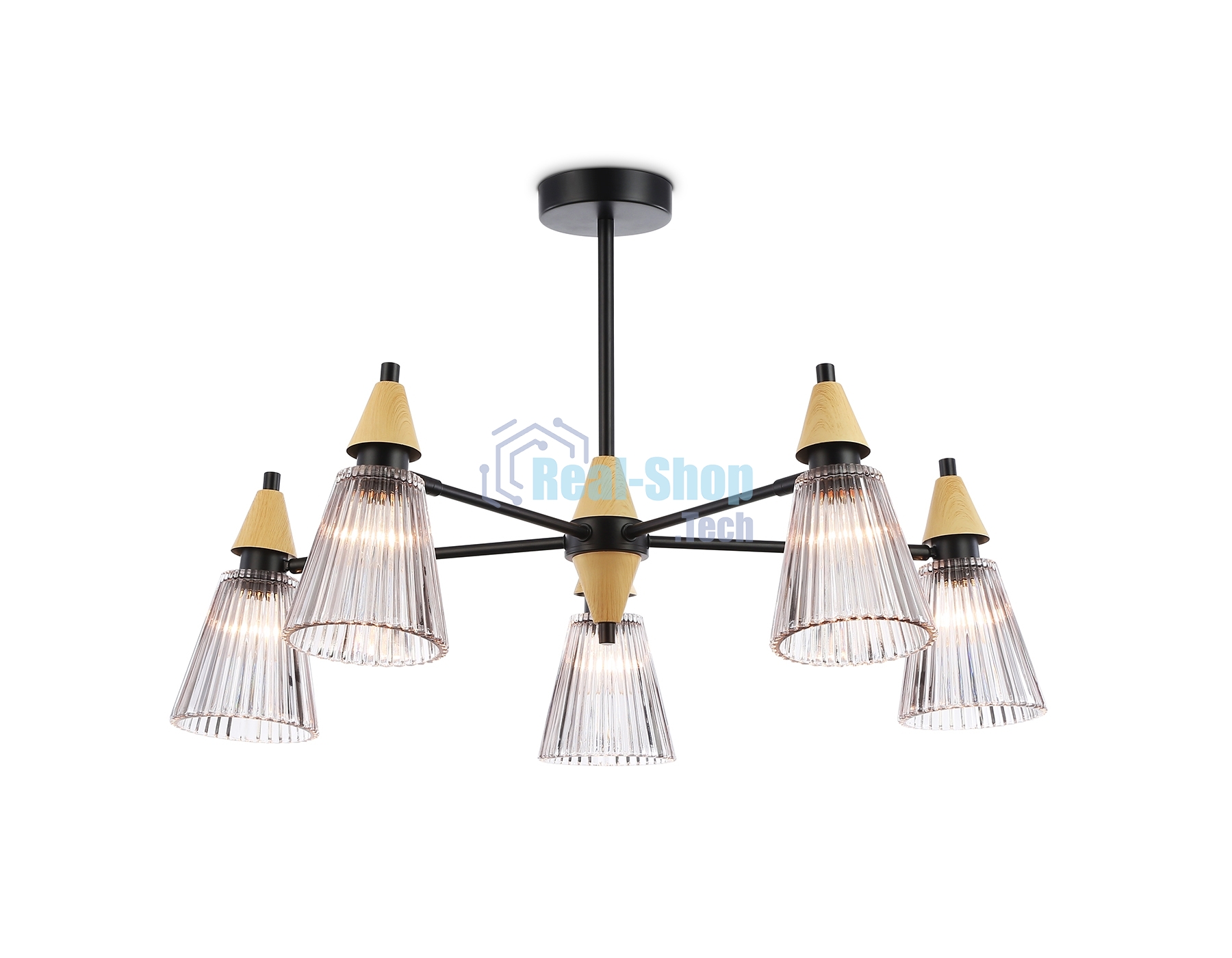 Люстра Ambrella light LH58114/5 BK/LW/SM черный/светлое дерево/дымчатый E14*5 max 40W D660*390