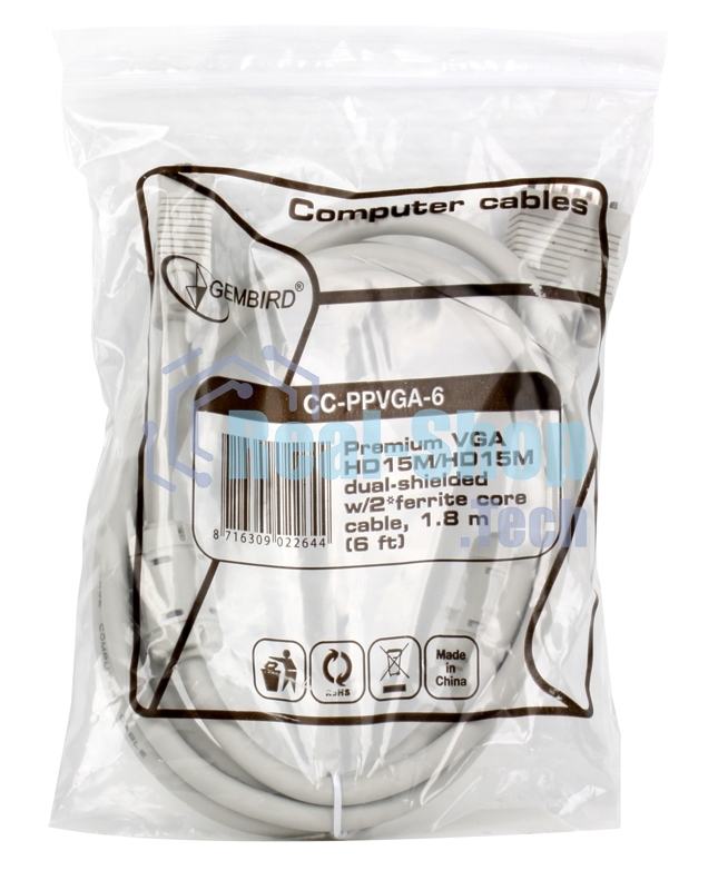 Кабель Gembird/Cablexpert CC-PPVGA-6,Кабель VGA Premium,15M/15M,1.8м, тройной экран, феррит.кольца, пакет