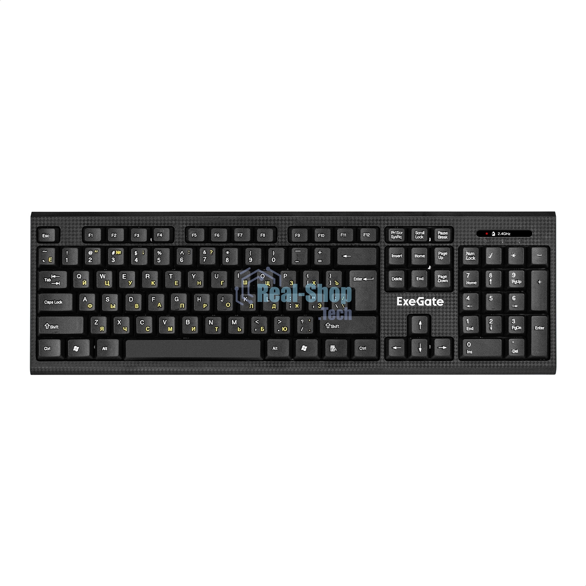 Комплект беспроводной ExeGate Professional Standard Combo MK280 (клавиатура полноразмерная влагозащищенная 104кл. + мышь оптическая 1000dpi, 3 кнопки и колесо прокрутки; USB, радиоканал 2,4 ГГц, радиус действия до 10м, черный, Color Box)