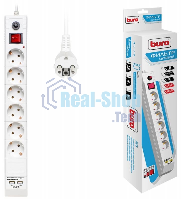 Сетевой фильтр Buro BU-SP1.8 USB 2A-W 1.8 м (6 розеток) белый (коробка)