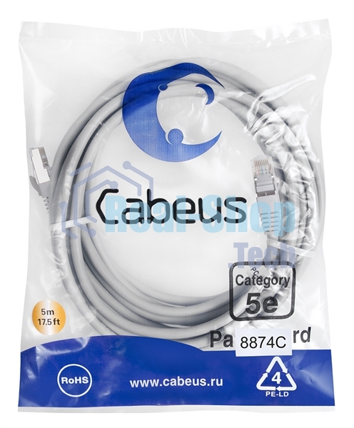 Экранированный патч-корд Cabeus, кат. 5е, экр., F/UTP, RJ45/RJ45, LSZH, AWG24, 5м, серый
