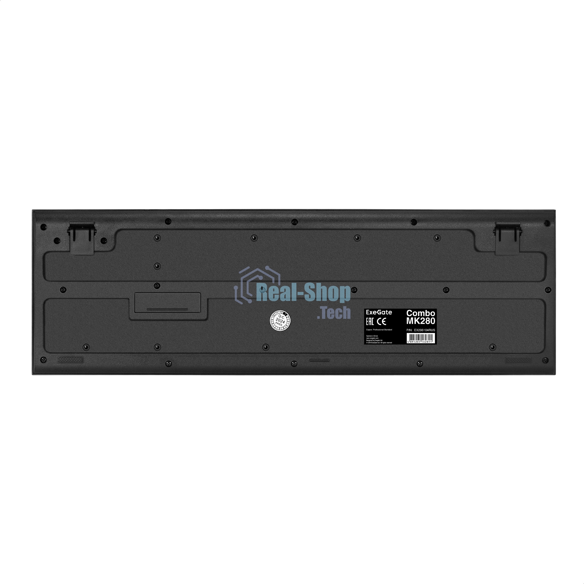 Комплект беспроводной ExeGate Professional Standard Combo MK280 (клавиатура полноразмерная влагозащищенная 104кл. + мышь оптическая 1000dpi, 3 кнопки и колесо прокрутки; USB, радиоканал 2,4 ГГц, радиус действия до 10м, черный, Color Box)