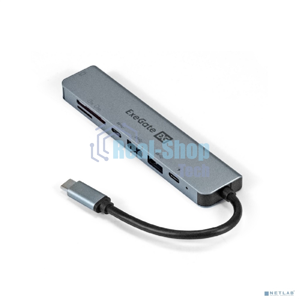 USB-концентратор ExeGate EX293983RUS DUB-21C/PD/CR/H (кабель-адаптер USB Type-C --> 2xUSB3.0 + Card Reader + PD 100W + HDMI 4K@60Hz, Plug&Play, серый)