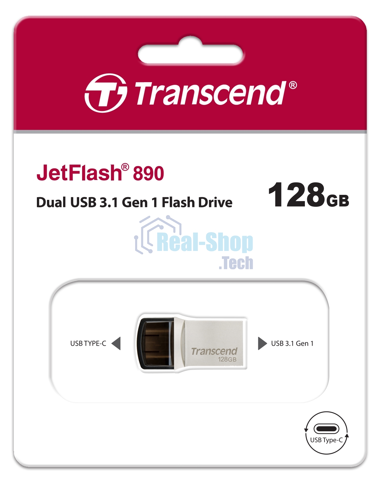 Флешка USB Transcend JetFlash 890S (TS128GJF890S), 128Gb, USB 3.1/Type-C, R/W 70/25, темно-серый