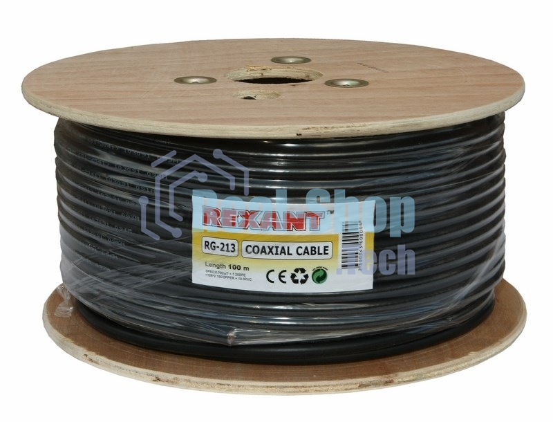 Кабель коаксиальный Rexant RG-213, 50 Ом, Cu/Cu, 96%, бухта 100 м, черный