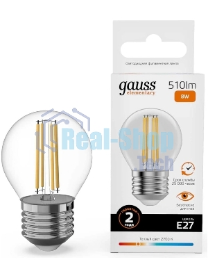 Лампа филам. Gauss Filament 8Вт цок.:E27 шар св.свеч.бел.теп. (упак.:10шт) (52218)
