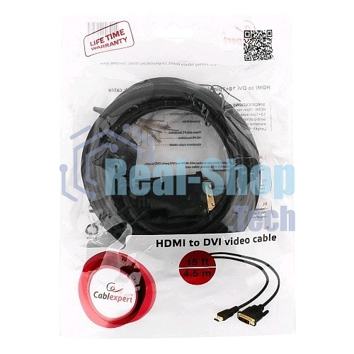 Кабель HDMI-DVI Cablexpert CC-HDMI-DVI-15, 19M/19M, single link, медь, позол.разъемы, экран, 4.5м, черный, пакет