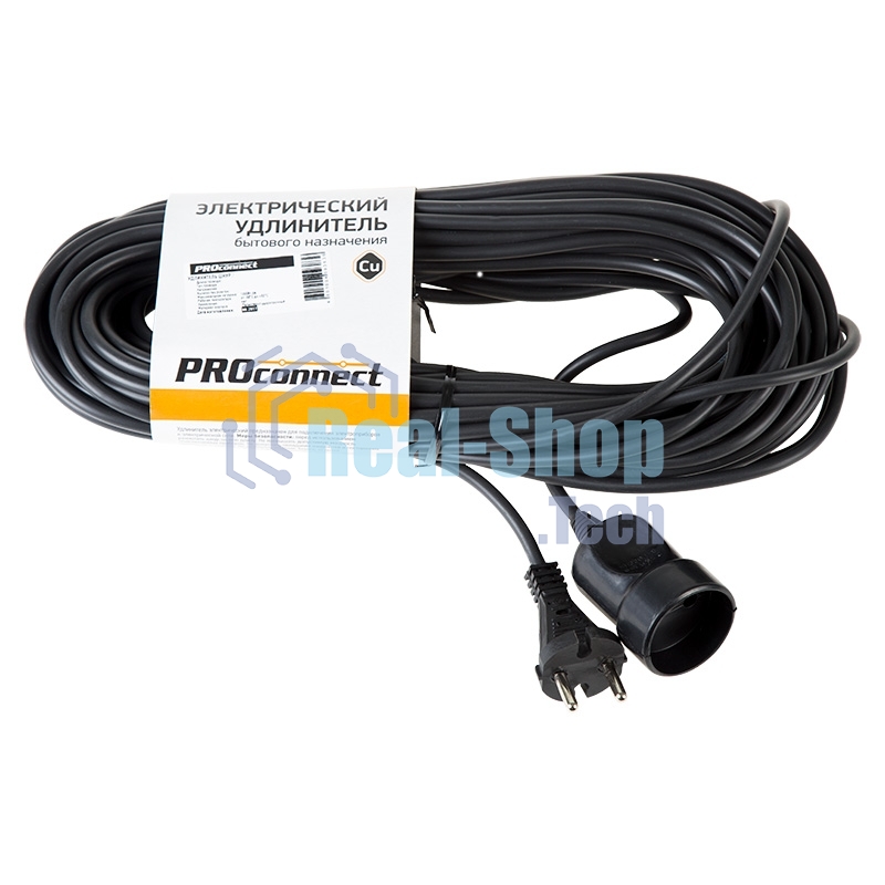 Удлинитель-шнур PROconnect ПВС 2х0.75, 20 м, б/з, 6 А, 1300 Вт, IP20, черный (Сделано в России)