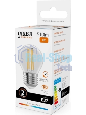 Лампа филам. Gauss Filament 8Вт цок.:E27 шар св.свеч.бел.теп. (упак.:10шт) (52218)
