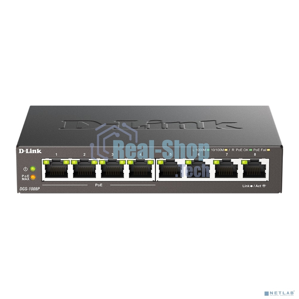 Неуправляемый коммутатор D-Link DGS-1008P/F3A с 8 портами 10/100/1000Base-T (4 порта PoE 802.3af/at, PoE-бюджет 60 Вт)