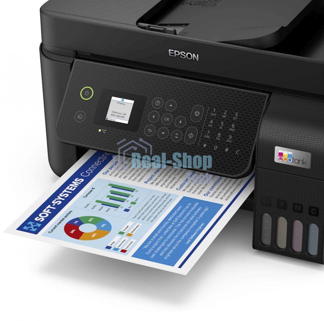 МФУ струйное Epson L5290 (C11CJ65512/C11CJ65508/C11CJ65407), A4, цветное, печ. до 33 стр/мин. (ч/б) до 15 стр/мин. (цвет), скан. до 12 стр/мин. (ч/б) 29 стр/мин. (цвет), 1440 x 5760 dpi (печать) 1200x2400dpi (скан.), USB, RJ-45, Wi-Fi