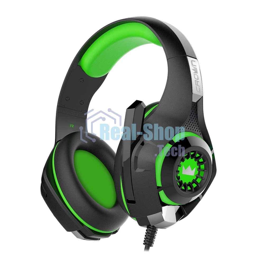 Гарнитура проводная игровая CROWN CMGH-102T Black&green (Подключение USB, встроенная аудио карта, Частотный диапазон: 20Гц-20,000 Гц,Кабель 2.1м,Размер D 250мм)