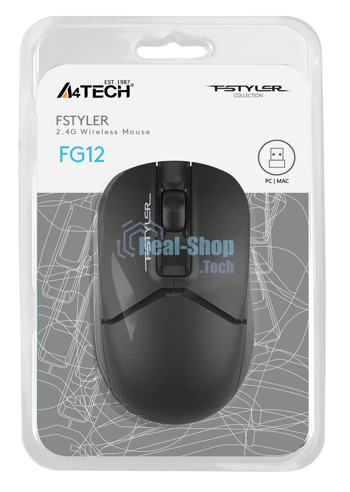 Мышь беспроводная A4Tech Fstyler FG12 черный, 1200 dpi, радиоканал, USB, кнопки - 3