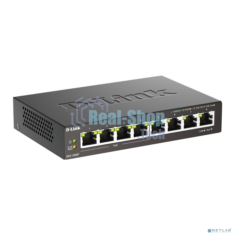 Неуправляемый коммутатор D-Link DGS-1008P/F3A с 8 портами 10/100/1000Base-T (4 порта PoE 802.3af/at, PoE-бюджет 60 Вт)