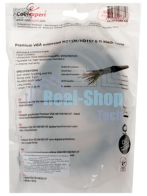 Кабель-удлинитель VGA Pro Cablexpert CC-PVGAX-1.8M, 15M/15F, 1.8м, экран, феррит. кольца, пакет