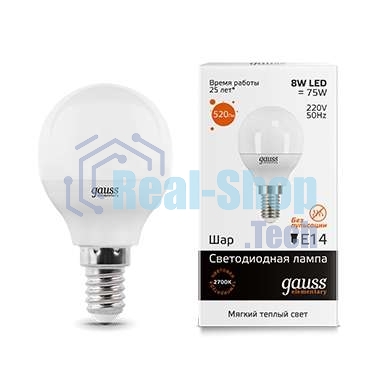 Лампа светодиодная LED Gauss 8Вт E14 220В 2700К Elementary шар 53118