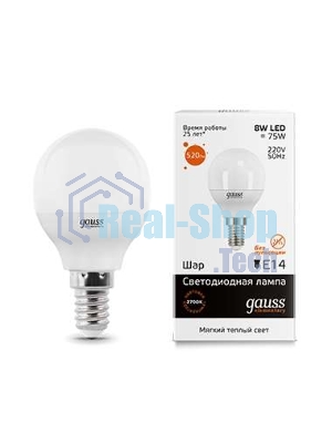 Лампа светодиодная LED Gauss 8Вт E14 220В 2700К Elementary шар 53118