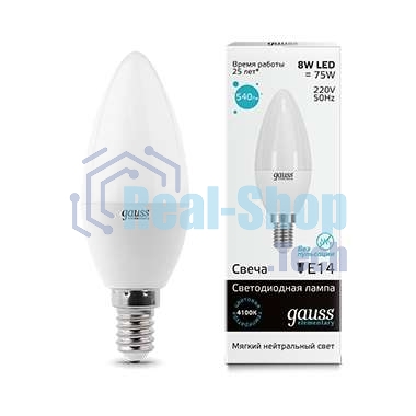 Лампа светодиодная LED Gauss 8Вт E14 220В 4100К Elementary свеча 33128