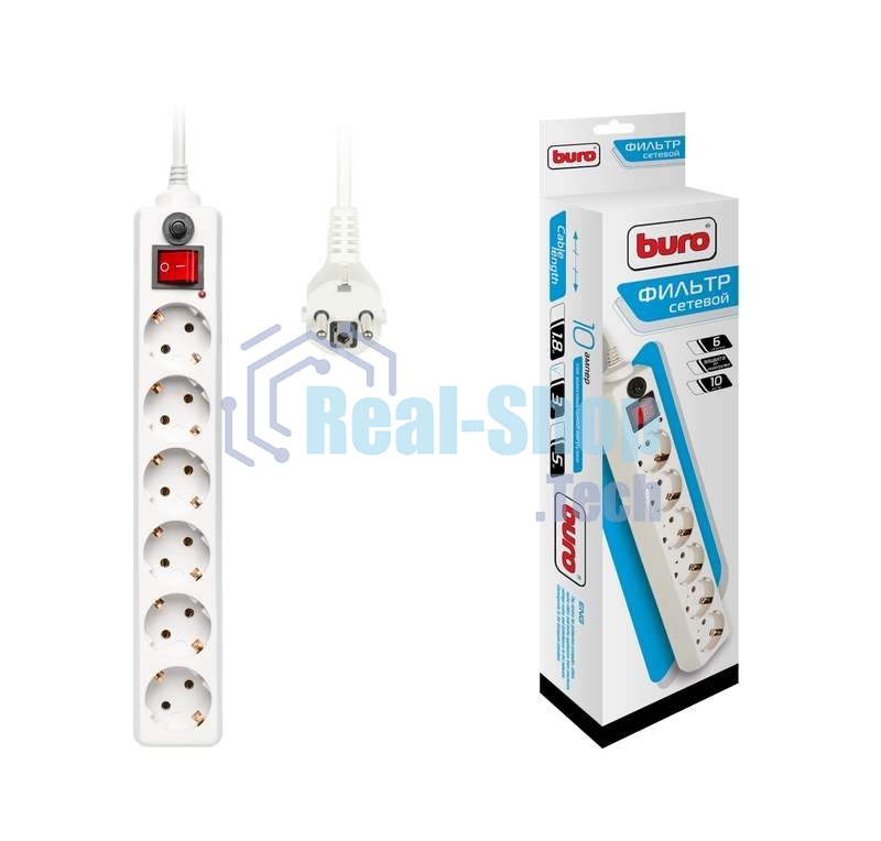 Сетевой фильтр BURO Сетевой фильтр, 6 розеток, 3 метра, (600SH-3-W), белый 992266