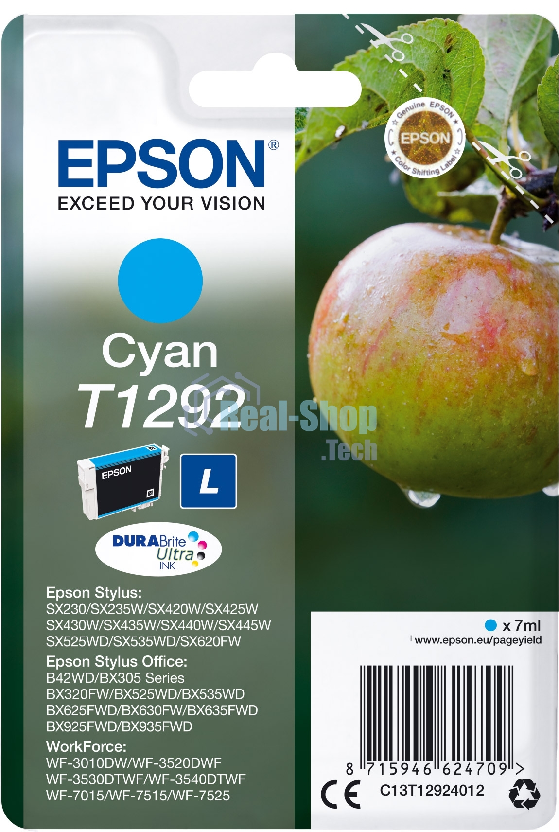 Картридж струйный Epson T1292 (C13T12924012/C13T12924011/C13T12924010) голубой (7 мл) для SX420/425/525WD/B42WD/BX320FW/BX625WFD