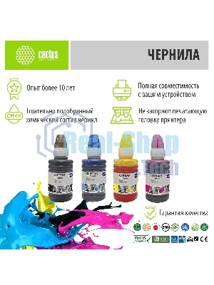 Чернила Cactus CS-EPT6641-4 голубой/пурпурный/желтый/черный набор 4x100мл для Epson L100/L110/L120/L132/L200/L210/L222/L300/L312/L350/L355/L362/L366/L456/L550/L555/L566/L1300