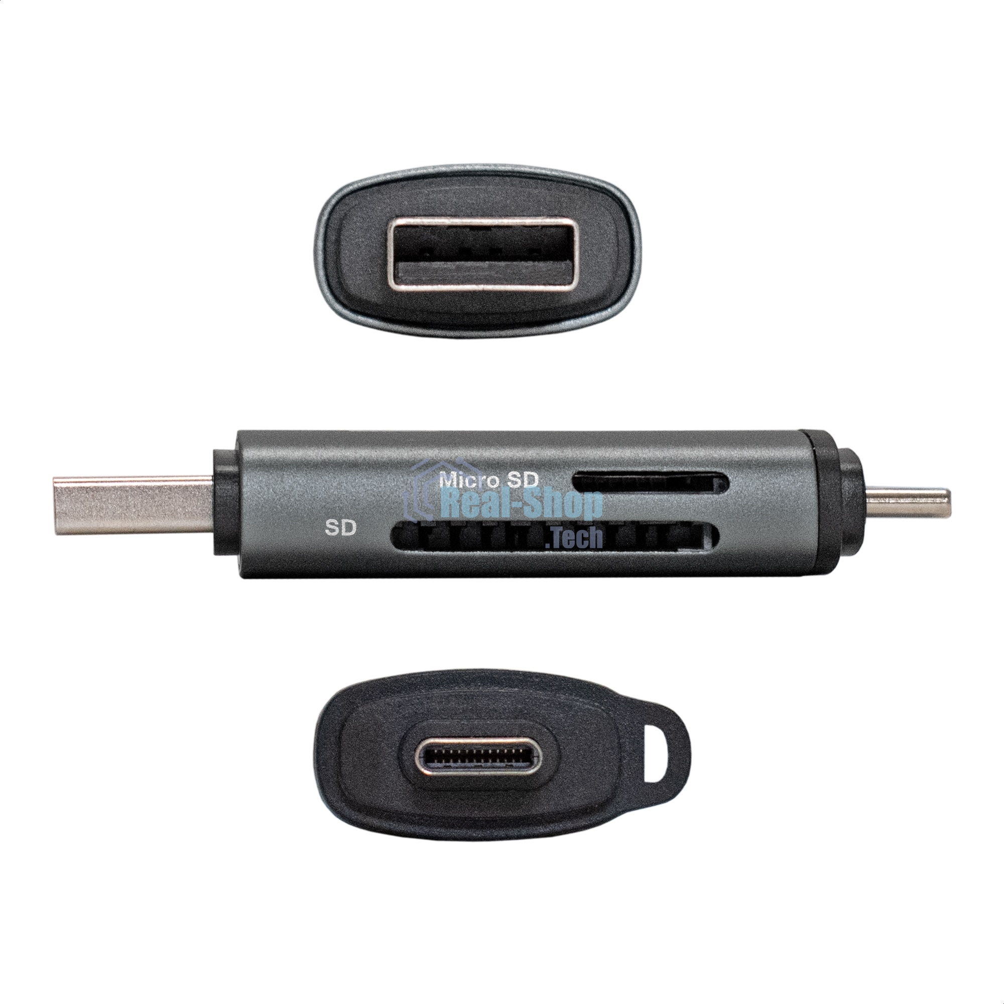 Кард-ридер ExeGate CR-201CA/серый/SDXC/SDHC/SD/microSDXC/microSDHC/microSD/USB Type-A/Type-C/алюминий