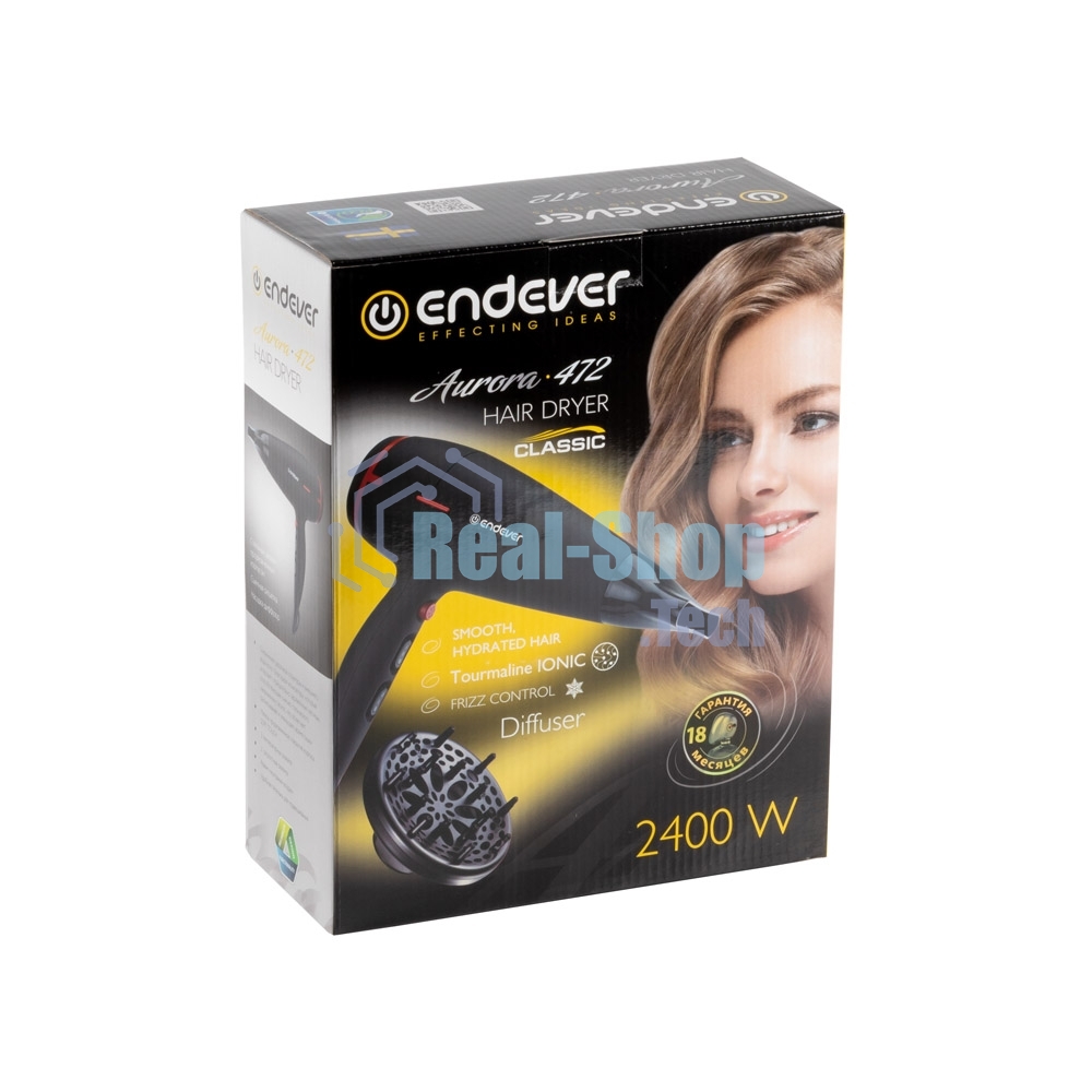 Фен Endever Aurora-472 черный, 2400 Вт, ионизация