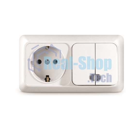 Блок ОП Олимп 2-кл. вык. с подсветкой + роз. с заземл. горизонт. бел. UNIVersal О0037