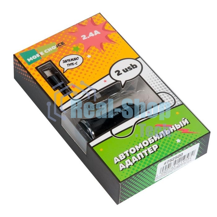 Автомобильная зарядка (от прикуривателя) 2USB 2.4A для Type-C More choice AC22a черный