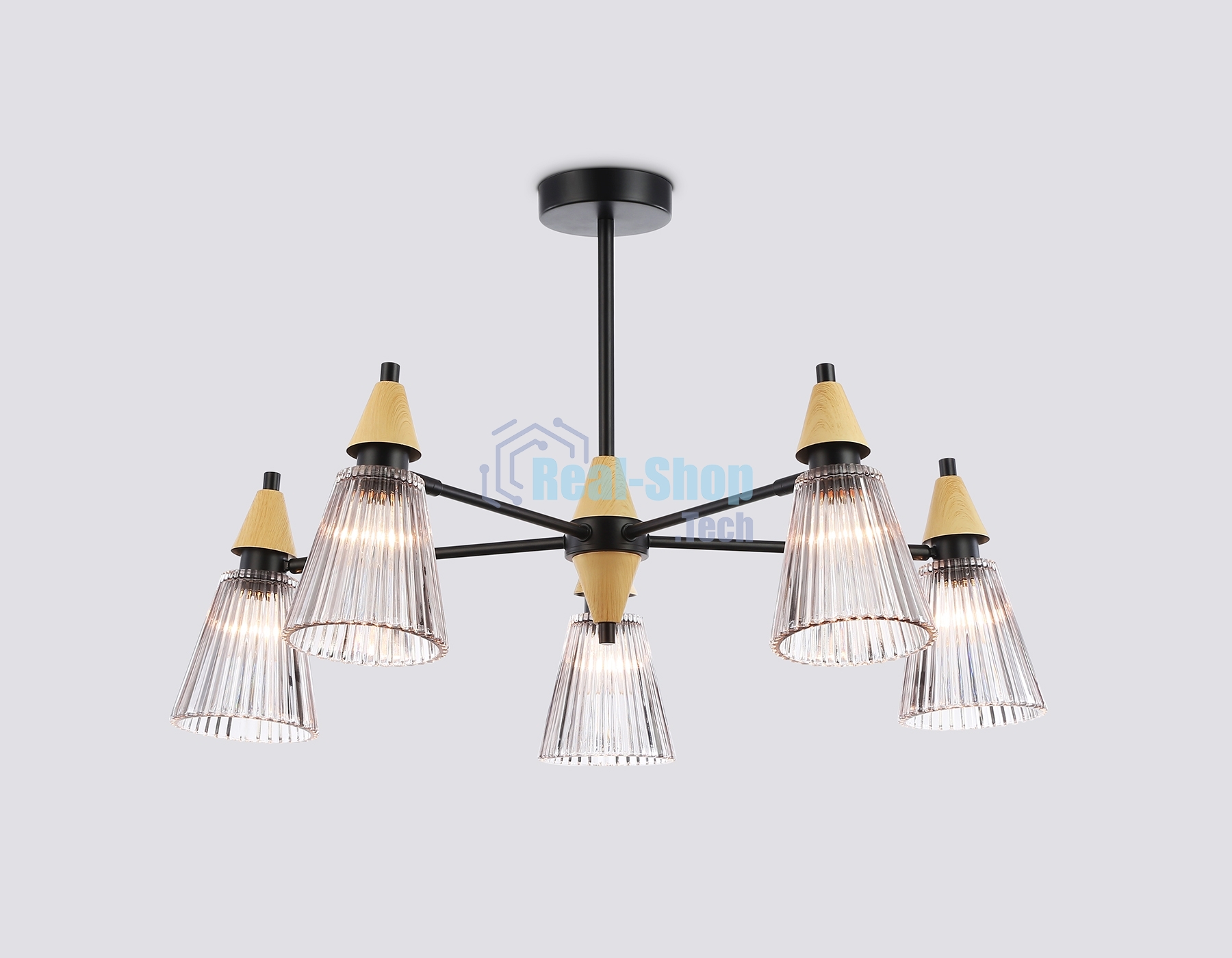 Люстра Ambrella light LH58114/5 BK/LW/SM черный/светлое дерево/дымчатый E14*5 max 40W D660*390