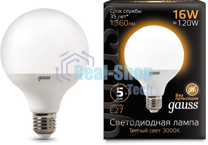 Лампа светодиодная Gauss LED G95 E27 16W 1360lm 3000K 1/32