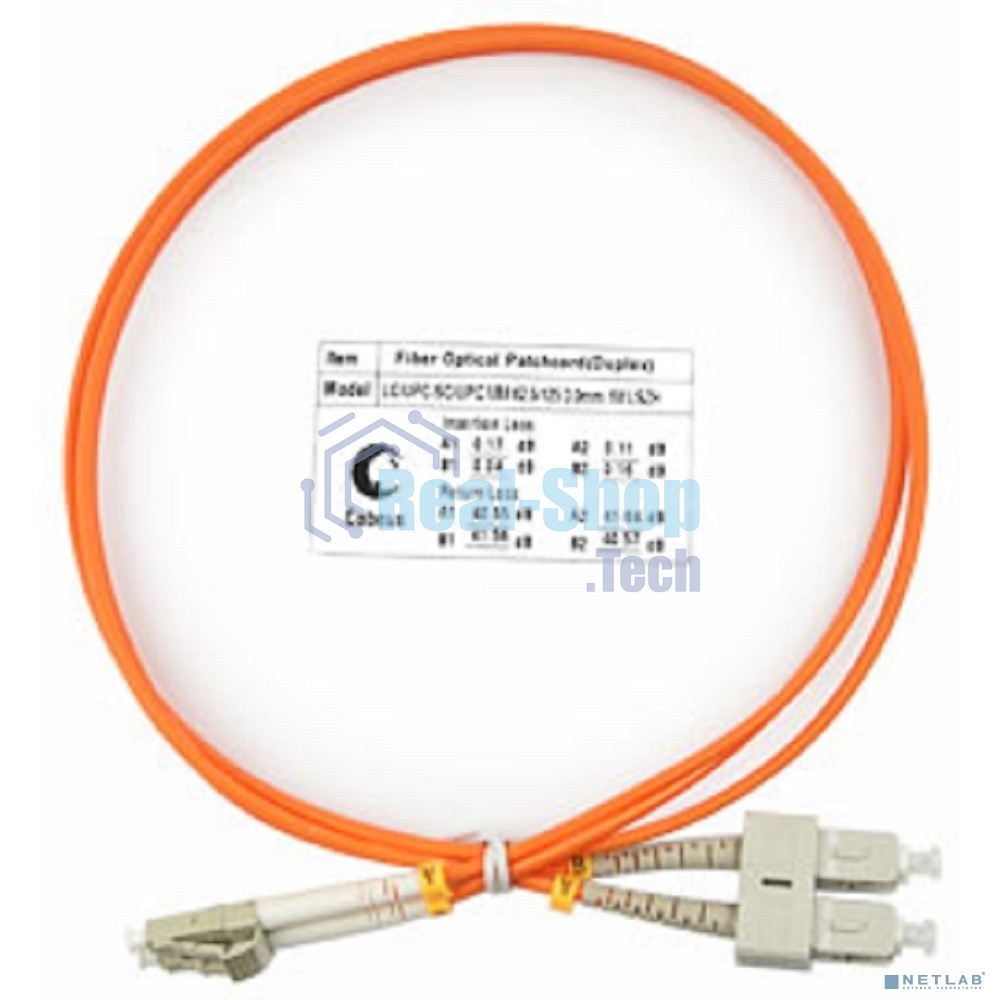 Комм. шнур оптический Cabeus Tight Buffer, Duplex LC/SC, OM1 62,5/125, LSZH, 1м, Ø 3мм, серый хвостовик, цвет: оранжевый