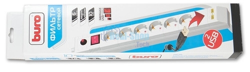 Сетевой фильтр Buro BU-SP3 USB 2A-B 3 м, 6 розеток, черный, коробка