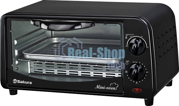 Мини печь Sakura SA-7018B черный, 10 л, мощность 1000 Вт, 2 кварц.нагреват.элемента, регулировка температуры 100-250С, 30-минутный таймер со звонком, световой индикатор работы, противень, решетка
