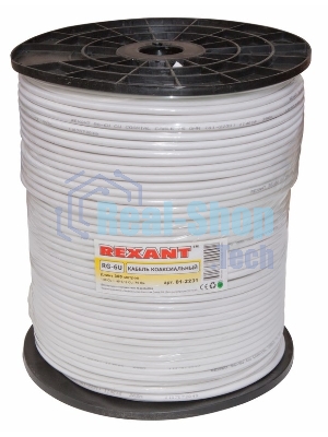 Кабель коаксиальный Rexant RG-6U+Cu, 75 Ом, Cu/Al/Cu, 64%, бухта 305 м, белый