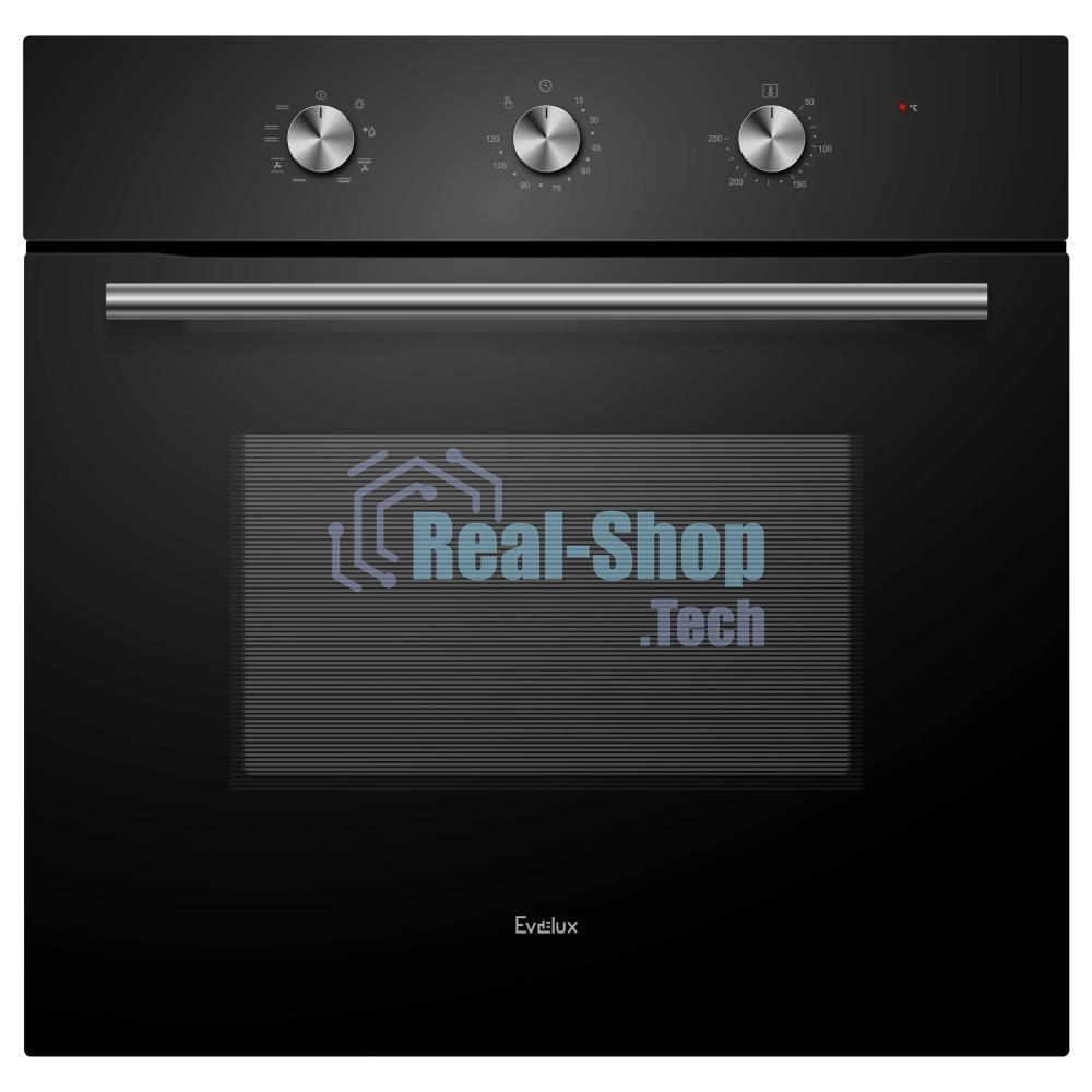 Духовой шкаф встраиваемый полноразмерный Evelux EO 620 B, 60 см, 8 режимов, 65л, черное стекло