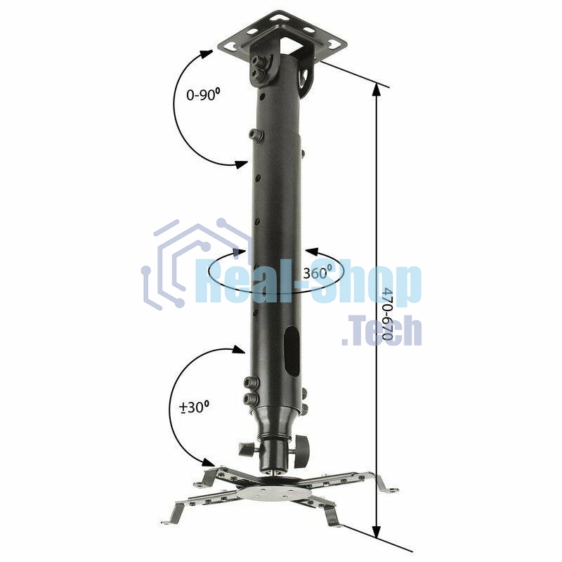 Крепление потолочное Kromax PROJECTOR-100 серый для проектора, 3 ст свободы, наклон 30°, вращение на 360°, от потолка 470-670 мм, нагрузка до 20 кг